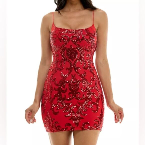 B Darlin Juniors' Sequined Bodycon Dress Red Sz M - Picture 1 of 7